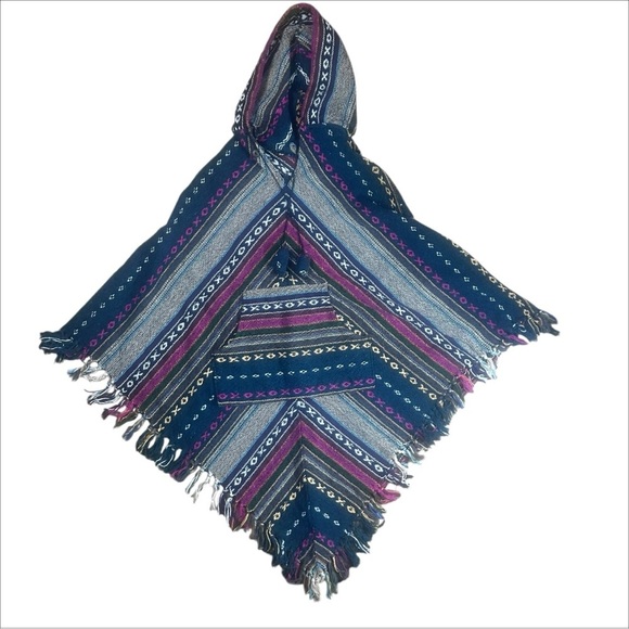 BoHo Wool Poncho Hooded Cape Handmade Hippie India Festival Unisex X's O's - Picture 8 of 16